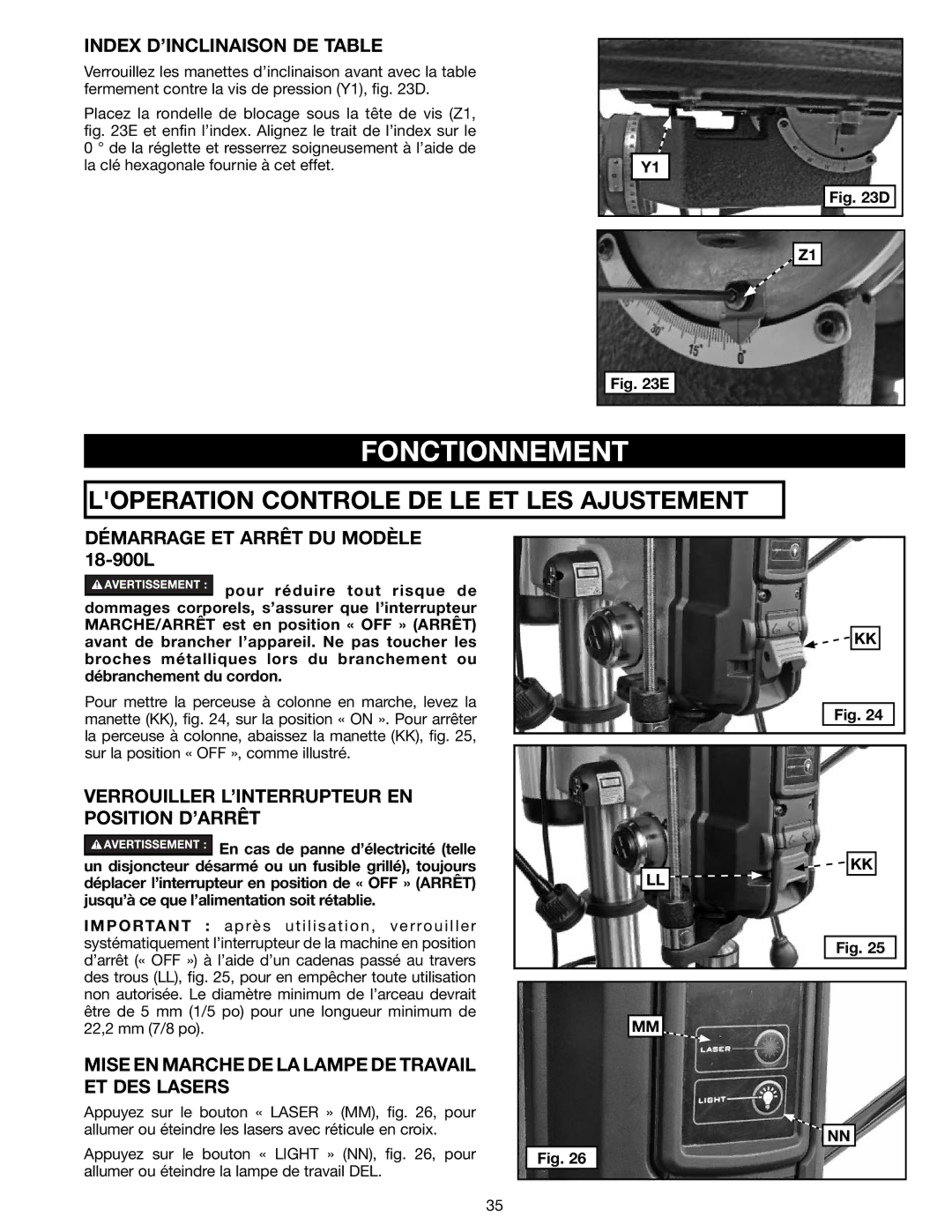 Delta N081935 instruction manual Fonctionnement, Index D’INCLINAISON DE Table, Démarrage ET Arrêt DU Modèle 18-900L 