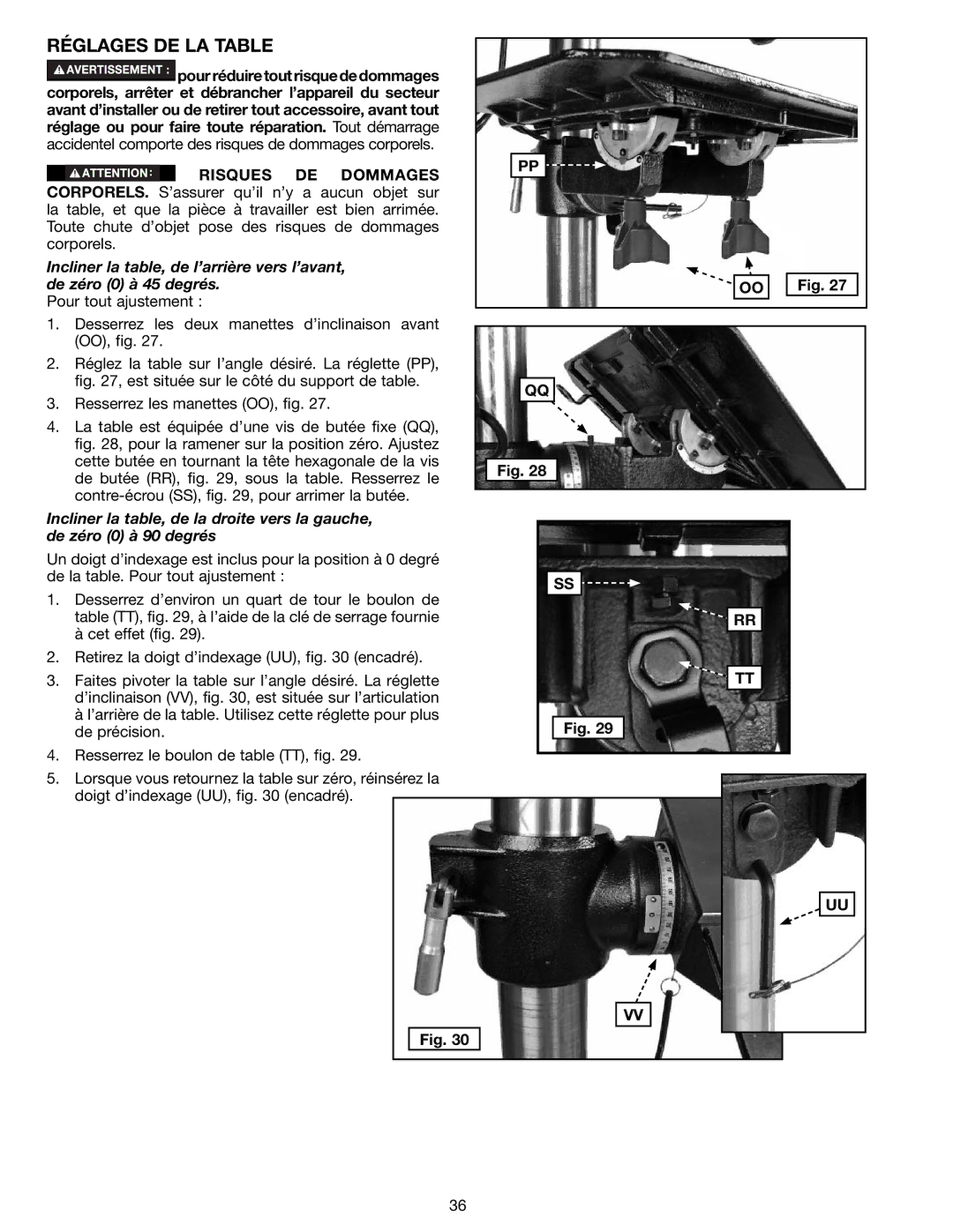 Delta N081935, 18-900L instruction manual Réglages DE LA Table 