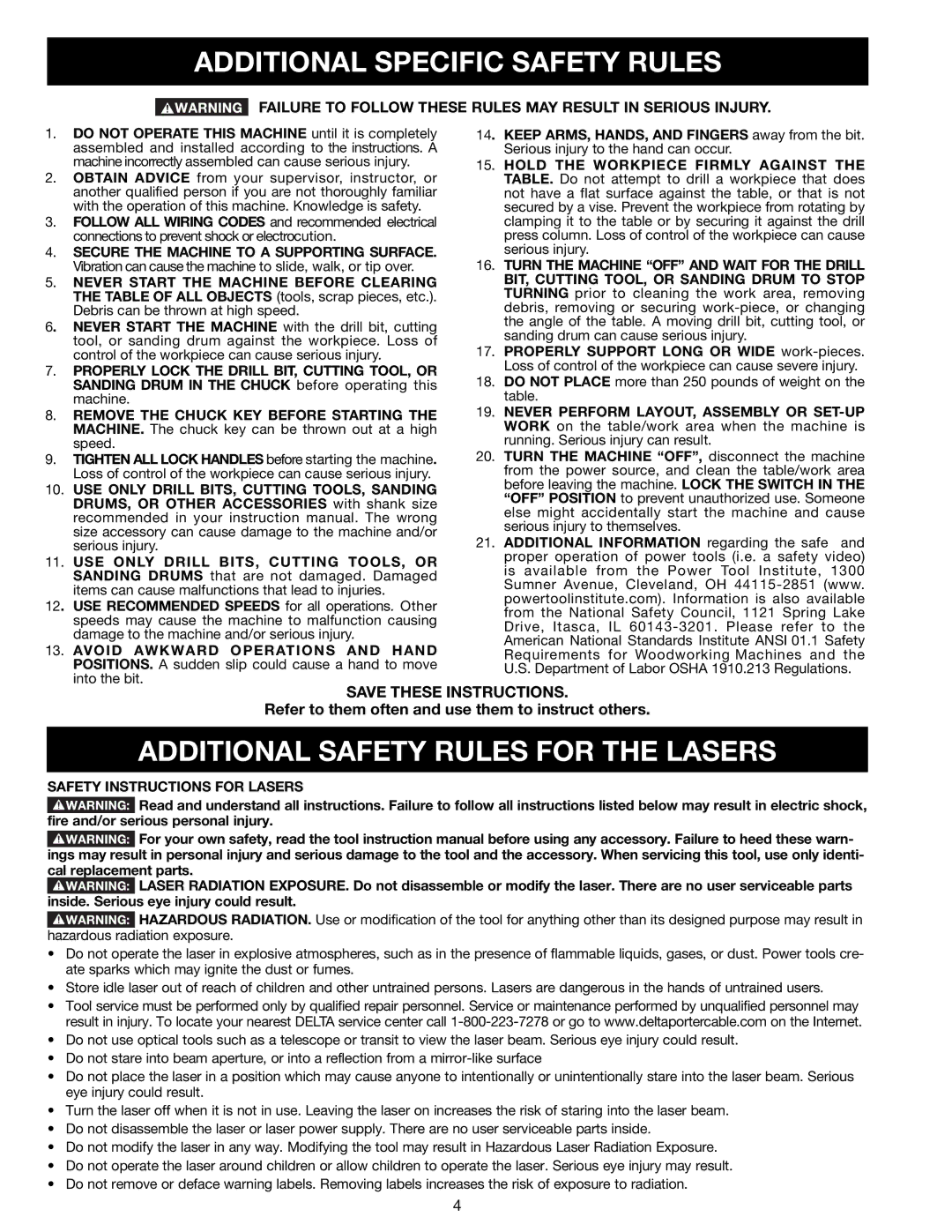 Delta N081935, 18-900L instruction manual Additional Specific Safety Rules, Additional Safety Rules for the Lasers 