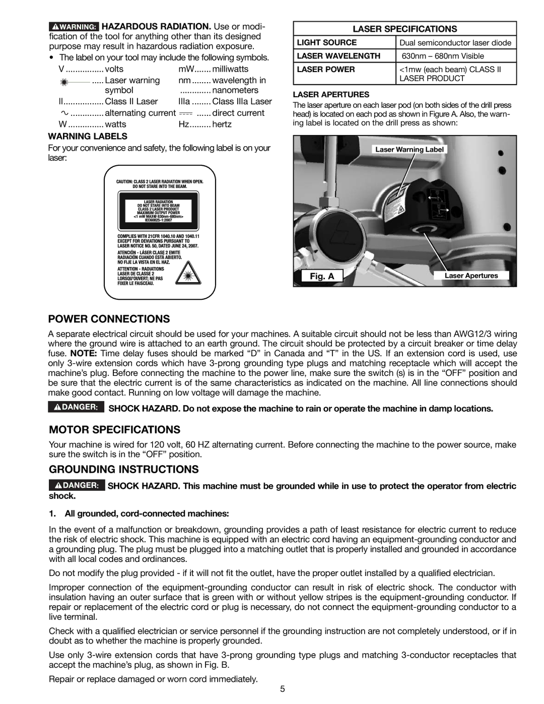 Delta 18-900L, N081935 instruction manual Power Connections, Motor Specifications, Grounding Instructions 