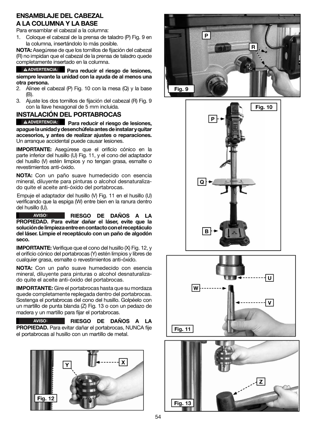 Delta N081935, 18-900L instruction manual Ensamblaje DEL Cabezal LA Columna Y LA Base, Instalación DEL Portabrocas 