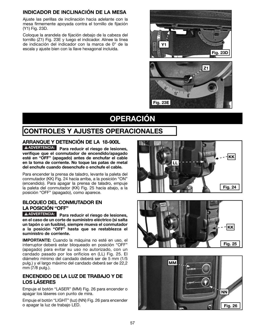 Delta N081935 instruction manual Operación, Indicador DE Inclinación DE LA Mesa, Arranque Y Detención DE LA 18-900L 