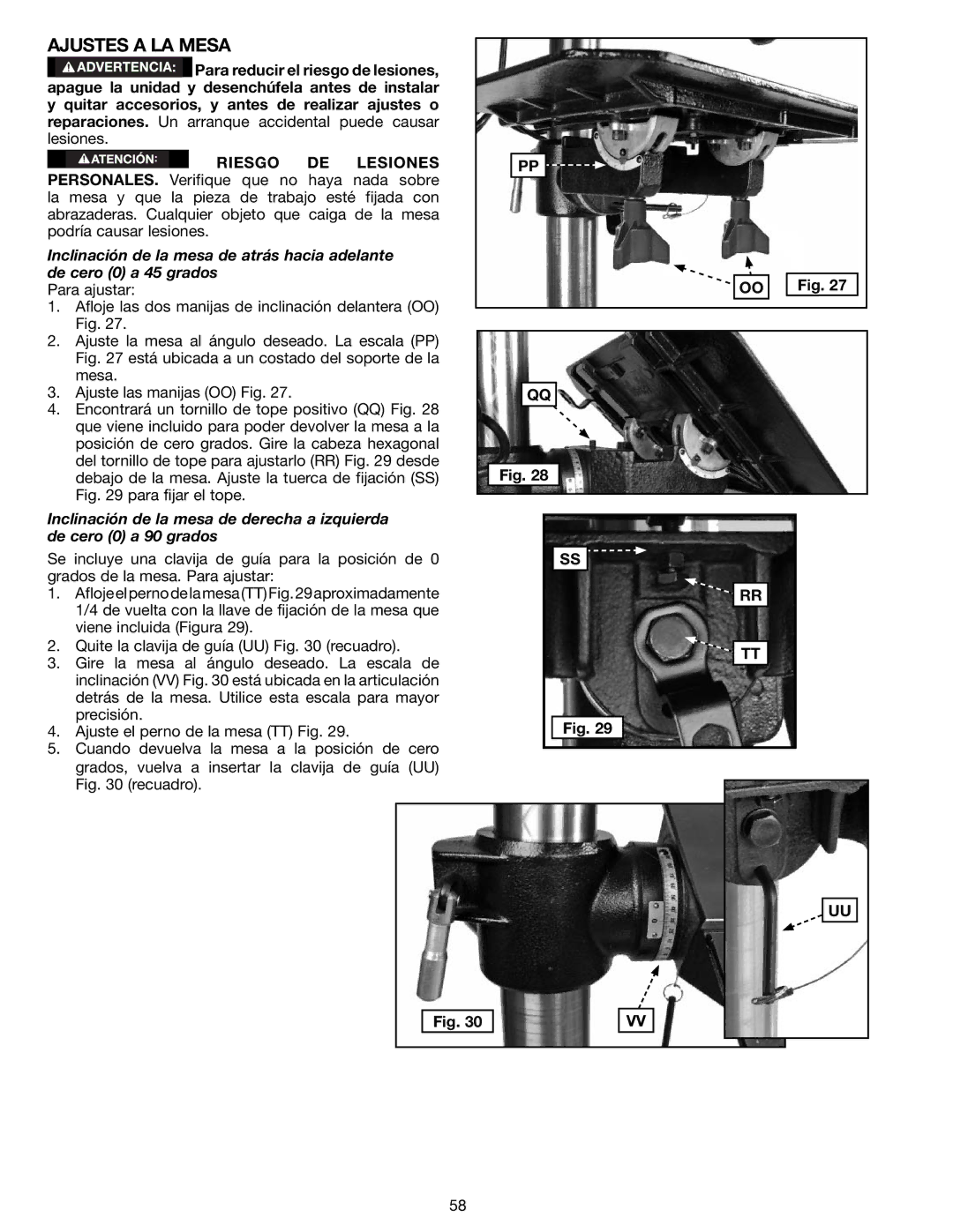 Delta N081935, 18-900L instruction manual Ajustes a LA Mesa 