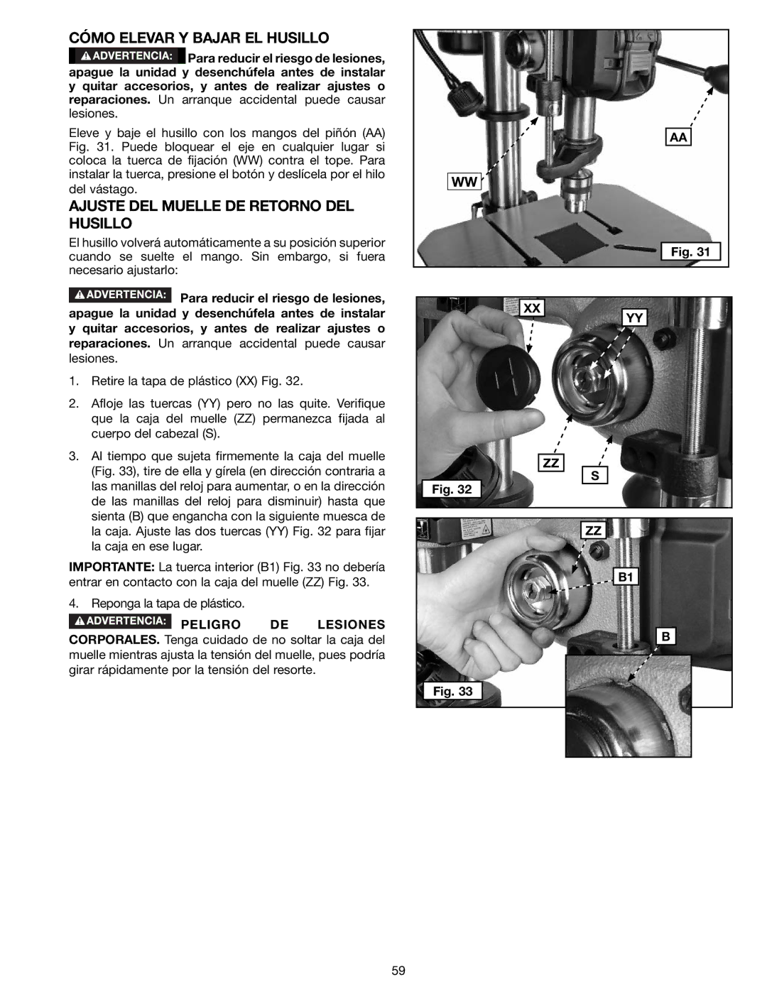 Delta 18-900L, N081935 instruction manual Cómo Elevar Y Bajar EL Husillo, Ajuste DEL Muelle DE Retorno DEL Husillo 