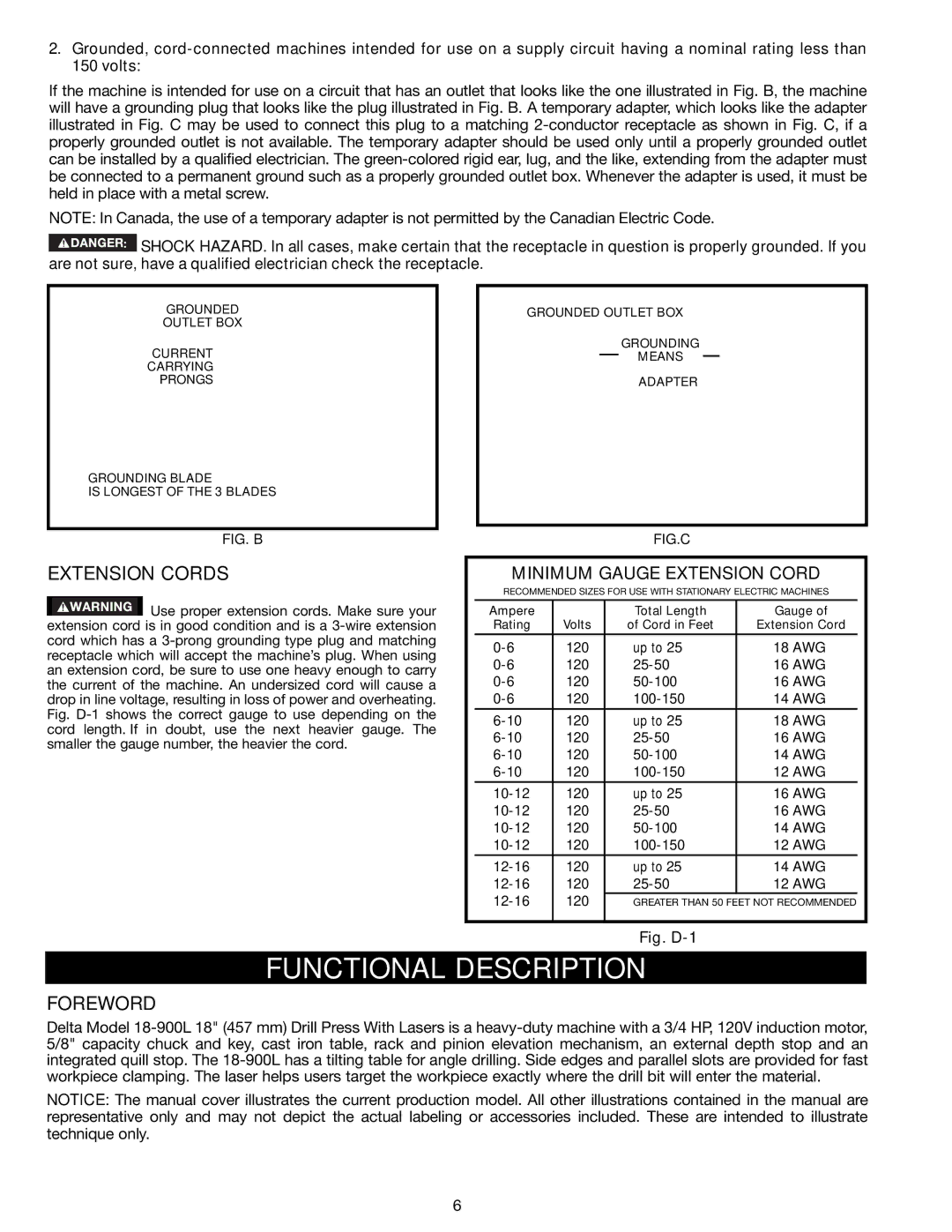 Delta N081935, 18-900L instruction manual Functional Description, Extension Cords, Foreword 