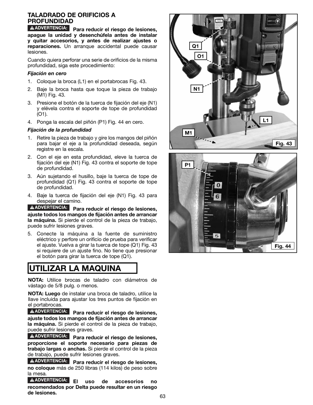 Delta 18-900L, N081935 instruction manual Taladrado DE Orificios a Profundidad, Fijación en cero 