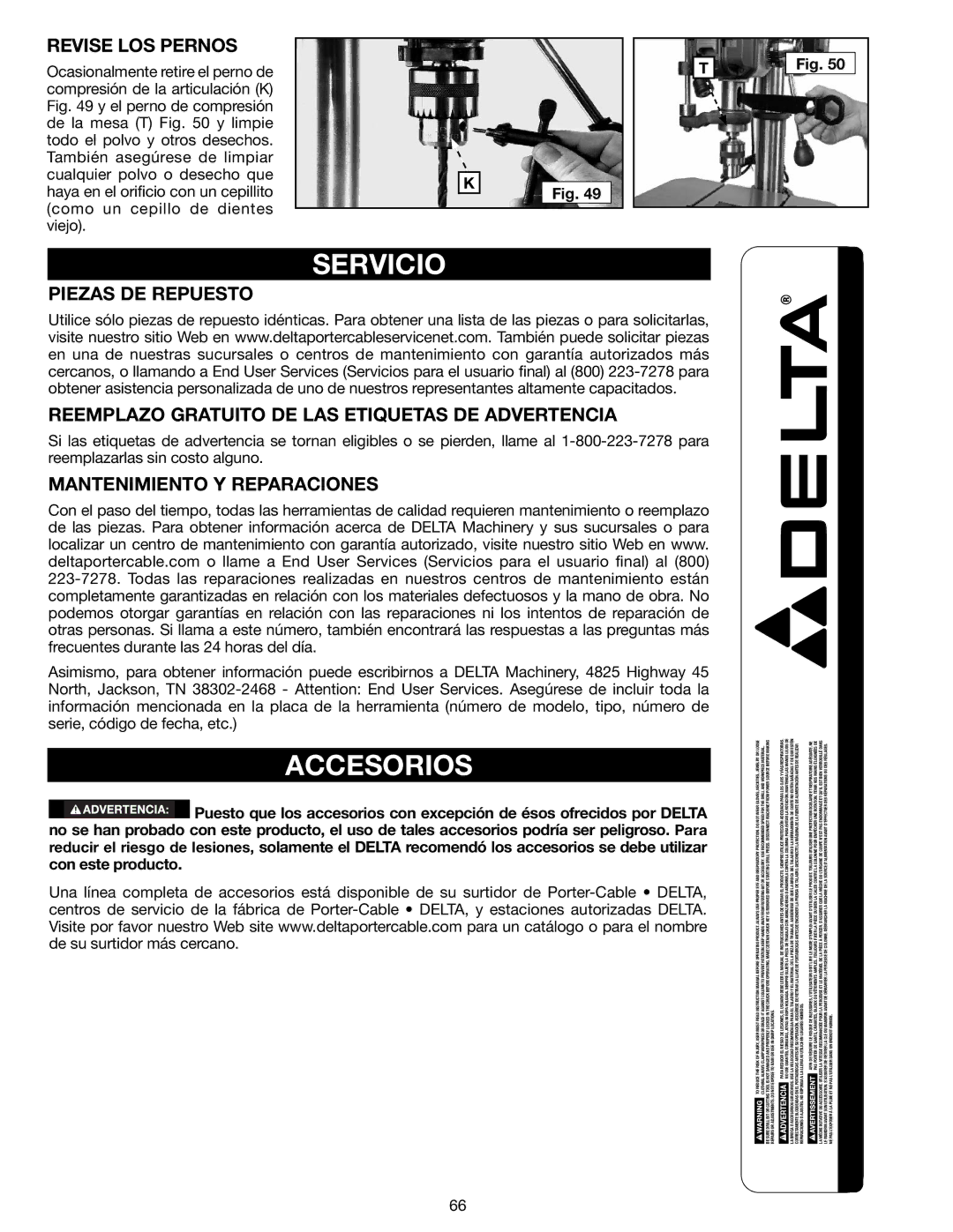 Delta N081935, 18-900L instruction manual Servicio, Accesorios, Revise LOS Pernos, Mantenimiento Y Reparaciones 