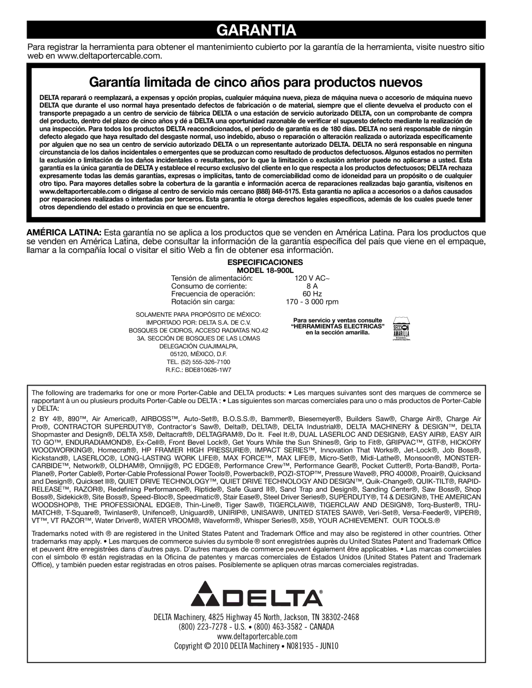 Delta N081935, 18-900L instruction manual Garantia, Garantía limitada de cinco años para productos nuevos 