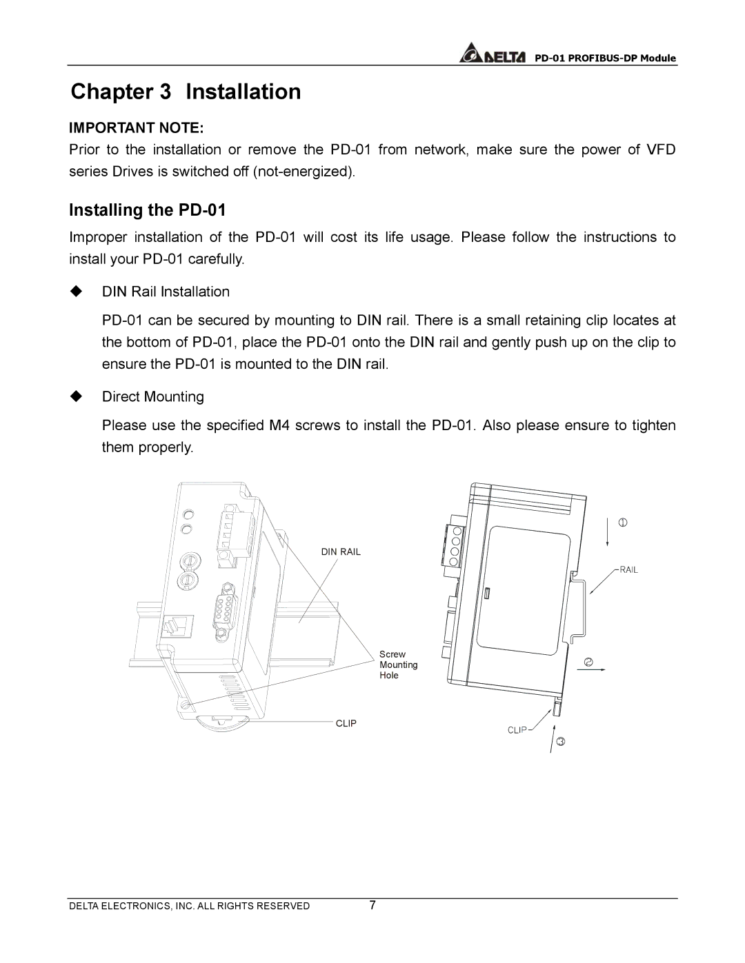 Delta user manual Installation, Installing the PD-01 