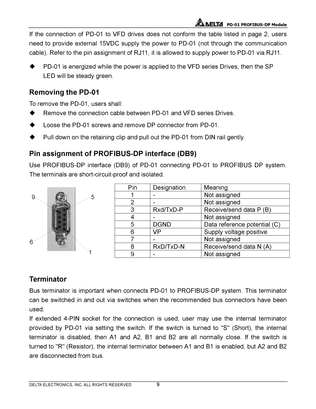 Delta user manual Removing the PD-01, Pin assignment of PROFIBUS-DP interface DB9, Terminator, Dgnd 