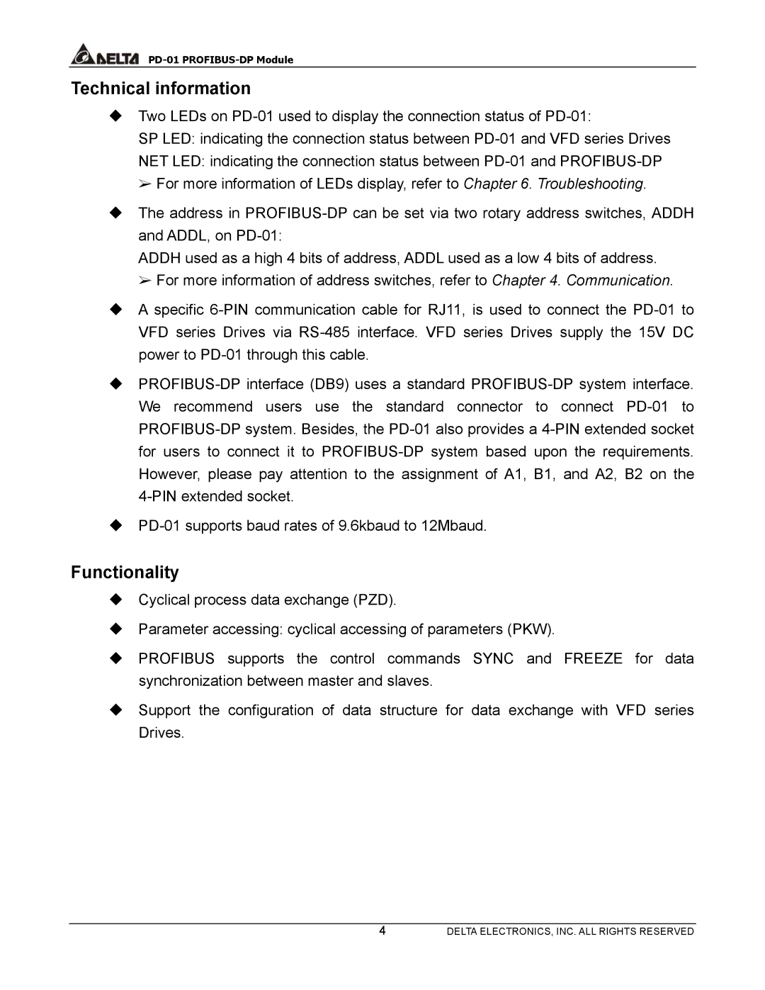 Delta PD-01 user manual Technical information, Functionality 