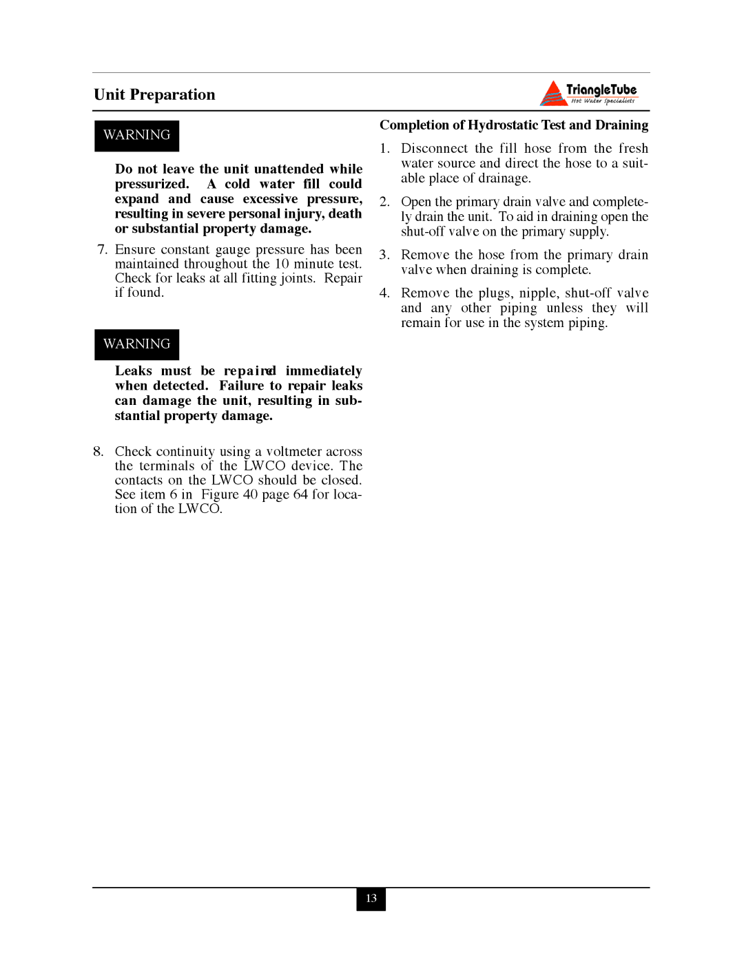 Delta PG PLUS-25 warranty Unit Preparation, Completion of Hydrostatic Test and Draining 