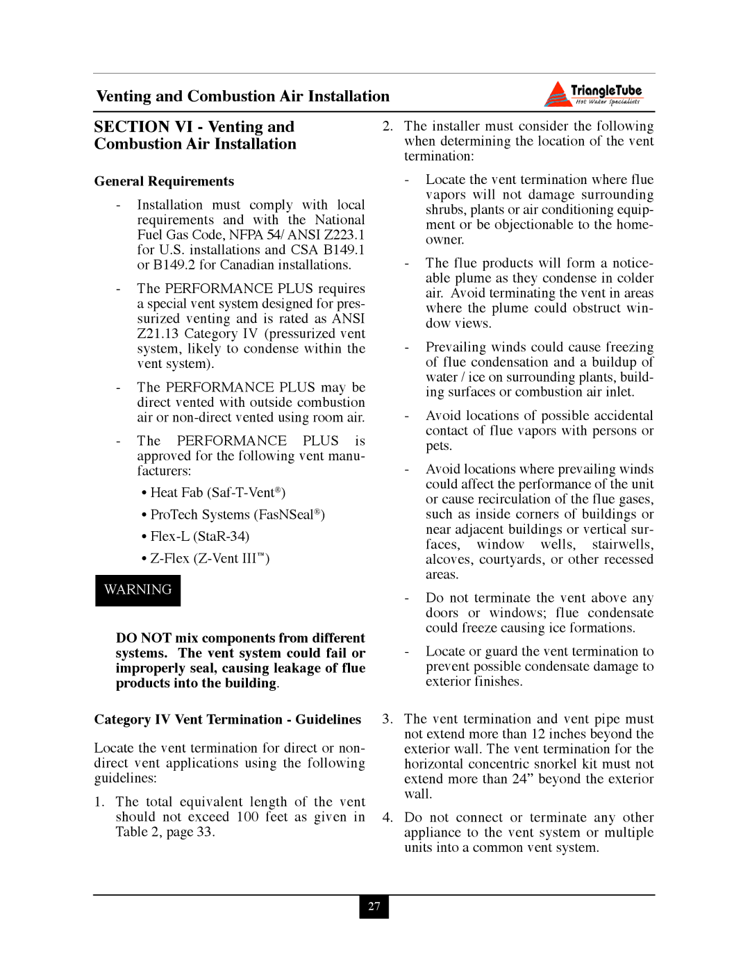 Delta PG PLUS-25 warranty Venting and Combustion Air Installation Section VI Venting, General Requirements 