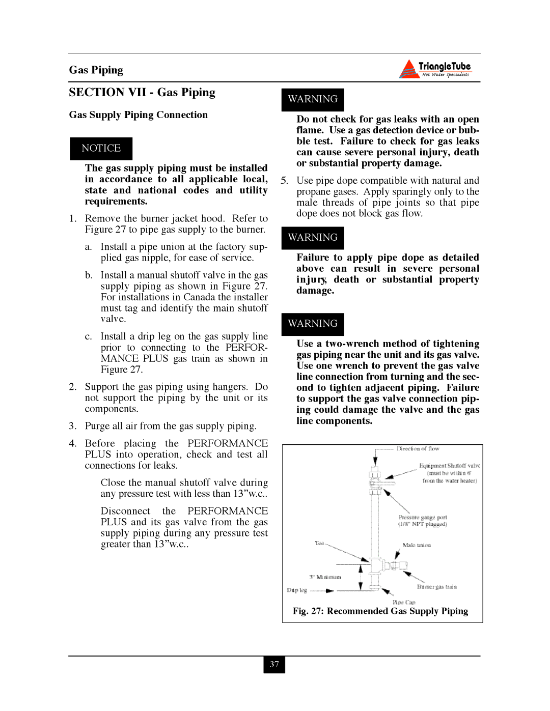 Delta PG PLUS-25 warranty Section VII Gas Piping, Recommended Gas Supply Piping 