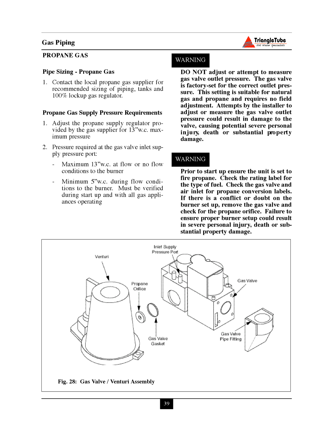 Delta PG PLUS-25 warranty Propane GAS, Pipe Sizing Propane Gas, Propane Gas Supply Pressure Requirements 