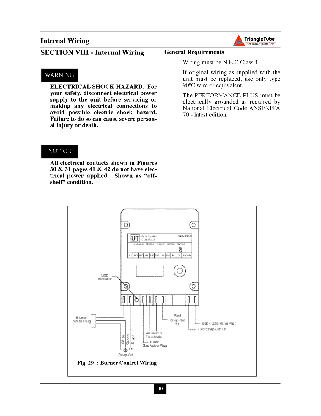 Delta PG PLUS-25 warranty Internal Wiring Section Viii Internal Wiring, Wiring must be N.E.C Class 