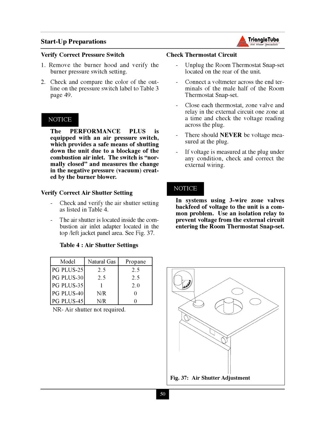 Delta PG PLUS-25 warranty Verify Correct Pressure Switch, Air Shutter Settings, Check Thermostat Circuit 