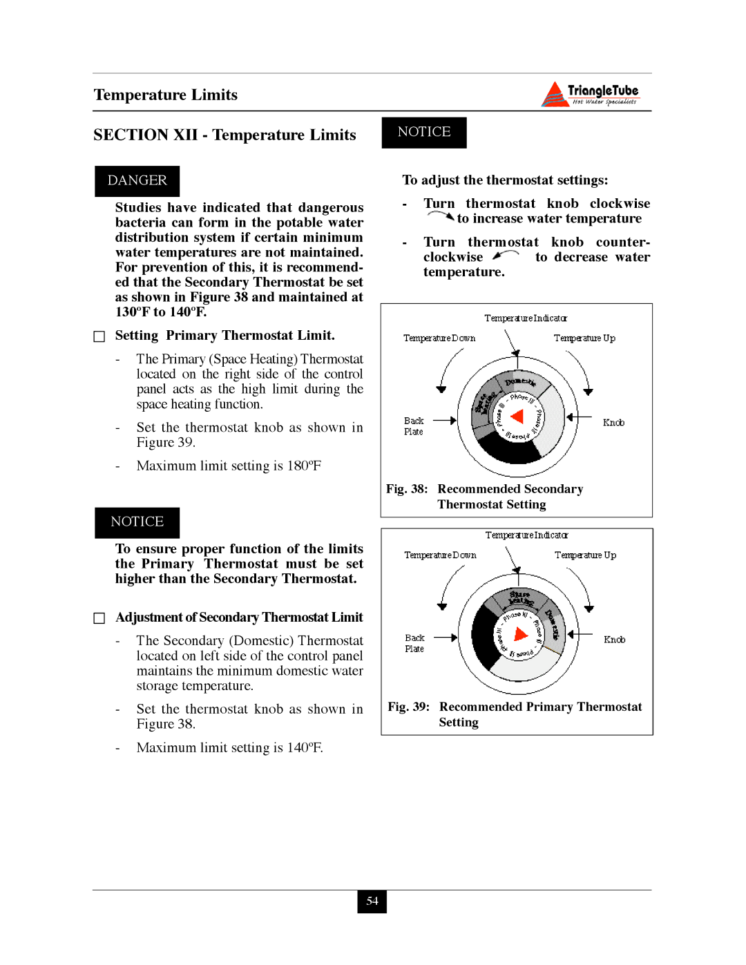 Delta PG PLUS-25 warranty Temperature Limits Section XII Temperature Limits, Recommended Secondary Thermostat Setting 