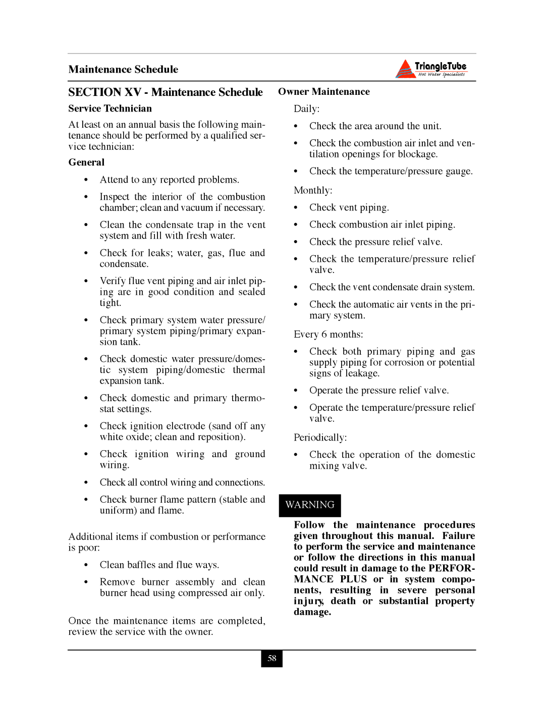 Delta PG PLUS-25 warranty Section XV Maintenance Schedule, Service Technician, General, Owner Maintenance 