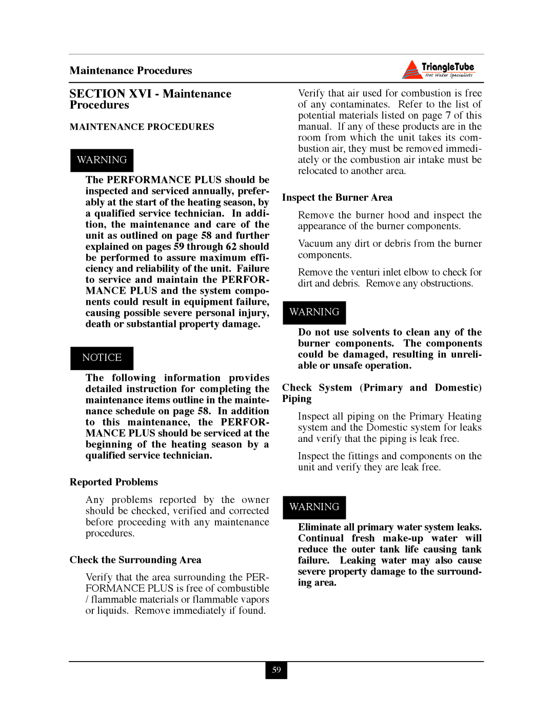 Delta PG PLUS-25 warranty Section XVI Maintenance Procedures, Check the Surrounding Area, Inspect the Burner Area 