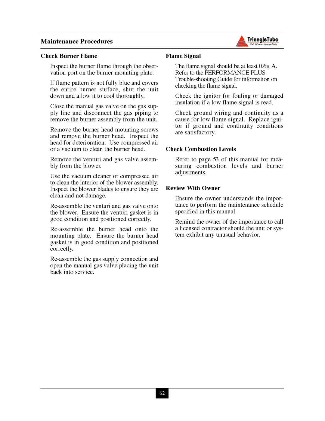 Delta PG PLUS-25 warranty Check Burner Flame Flame Signal, Check Combustion Levels, Review With Owner 