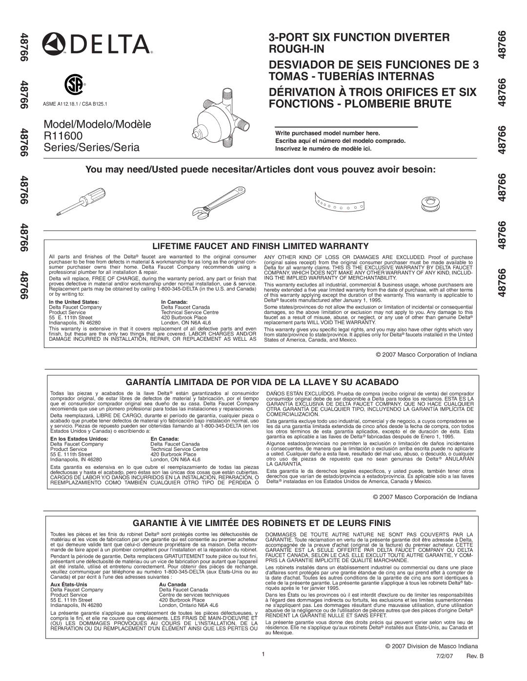 Delta manual Model/Modelo/Modèle R11600 Series/Series/Seria 