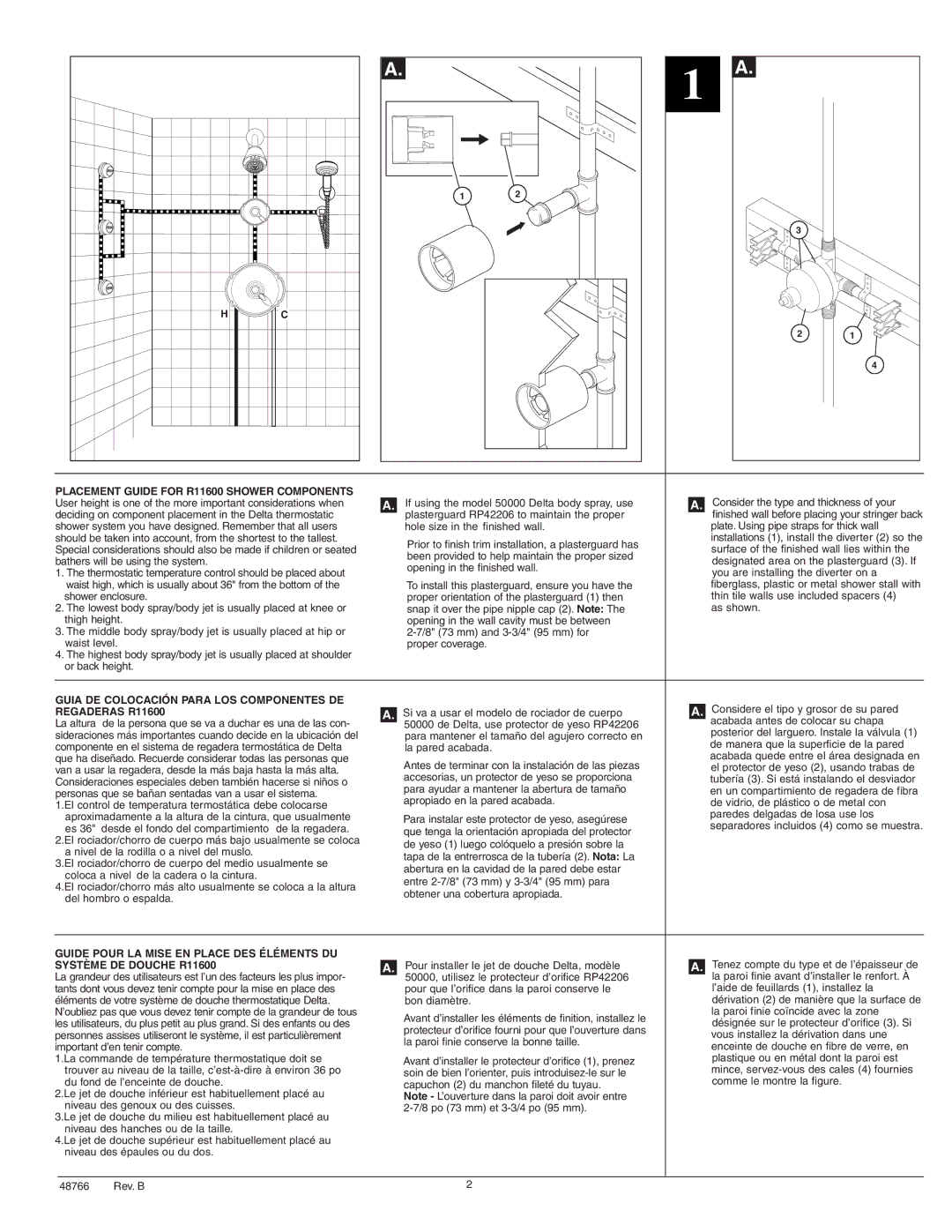 Delta R11600 Series manual Placement Guide for R11600 Shower Components, Guia DE Colocación Para LOS Componentes DE 