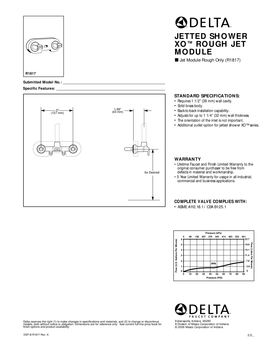 Delta specifications Jetted Shower XO Rough JET Module, Jet Module Rough Only R1817, Standard Specifications, Warranty 