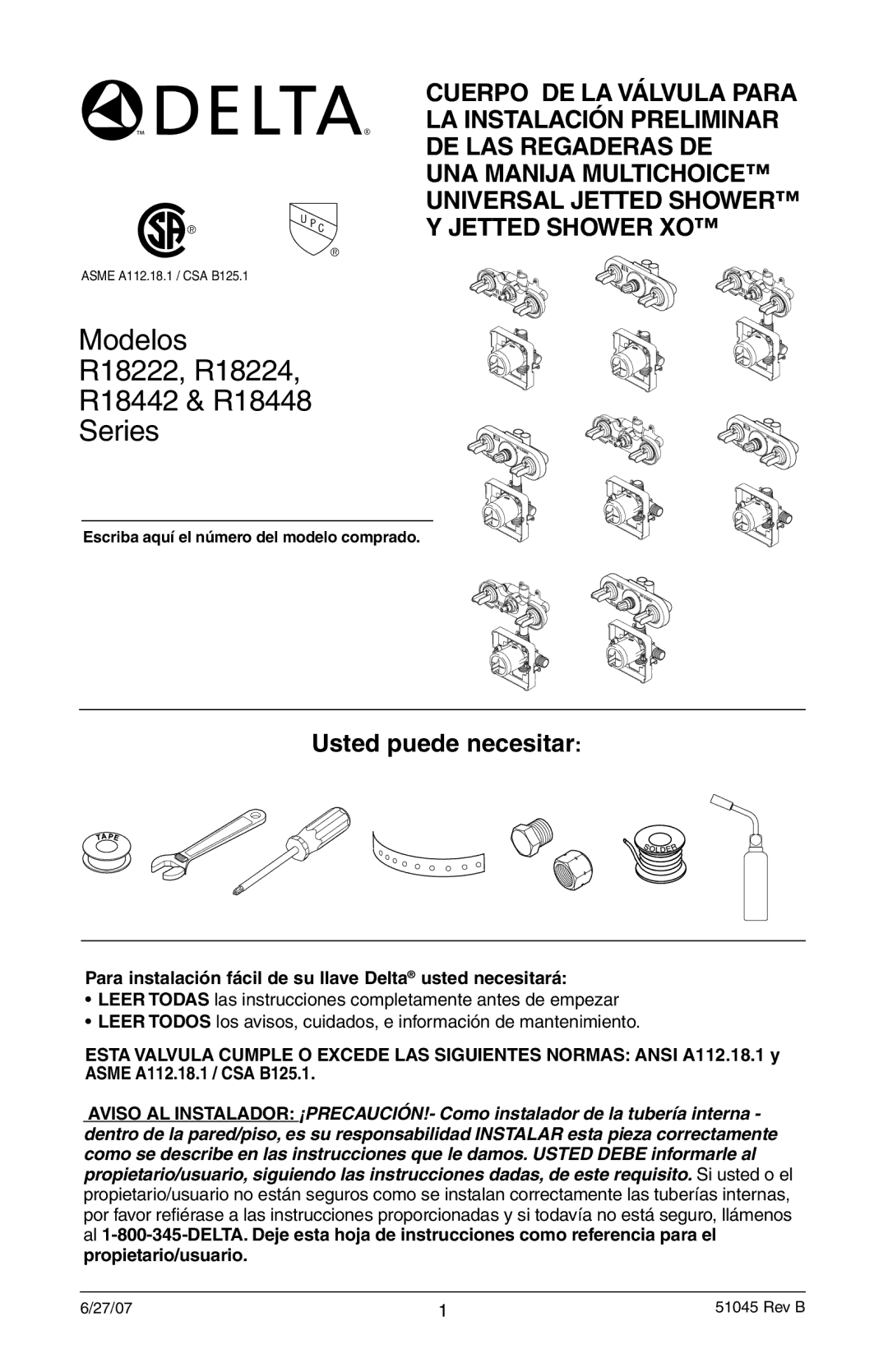 Delta instruction sheet Modelos R18222, R18224 R18442 & R18448 Series 