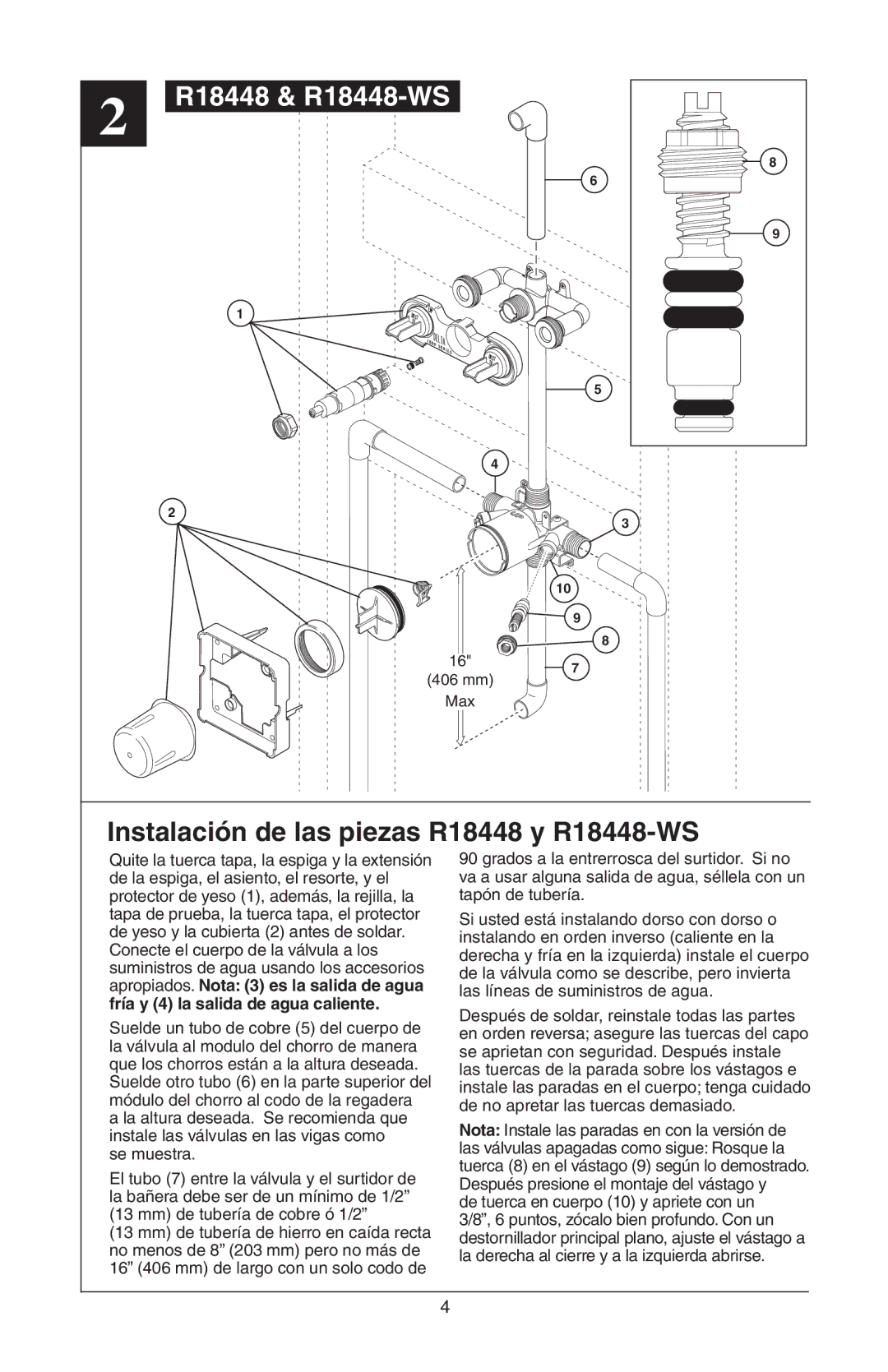 Delta R18224 instruction sheet Instalación de las piezas R18448 y R18448-WS, Se muestra 