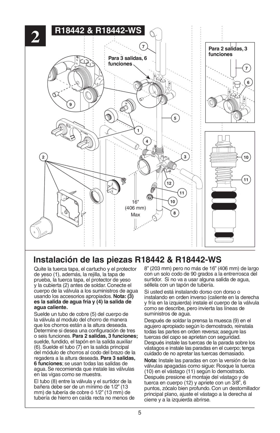 Delta R18448, R18224 instruction sheet Instalación de las piezas R18442 & R18442-WS 