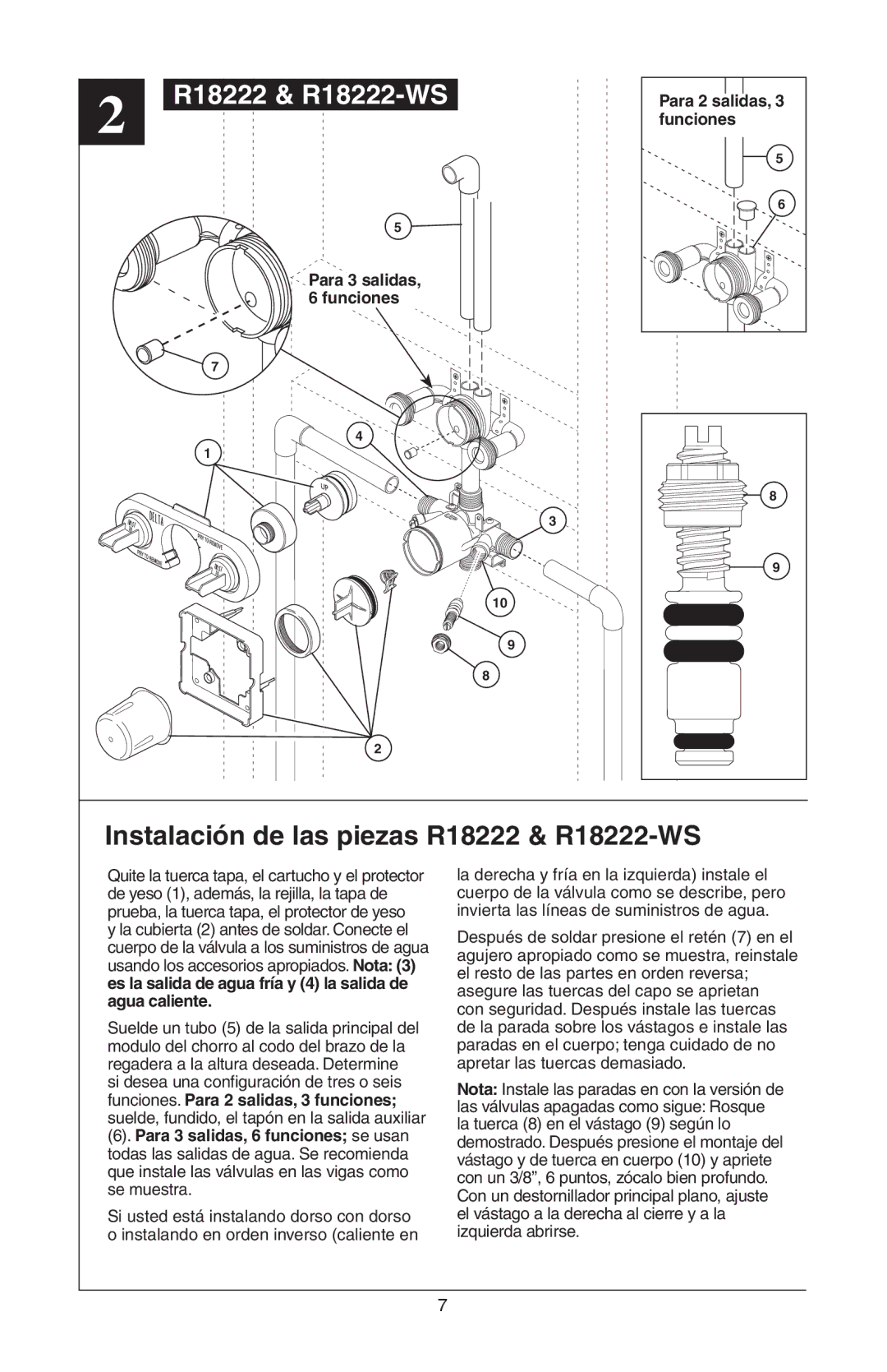 Delta R18448, R18224 instruction sheet Instalación de las piezas R18222 & R18222-WS 