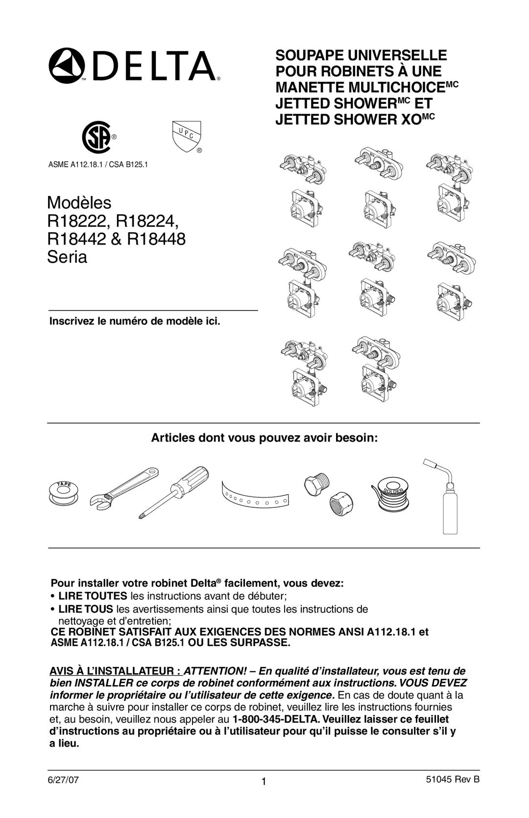 Delta instruction sheet Modèles R18222, R18224 R18442 & R18448 Seria 