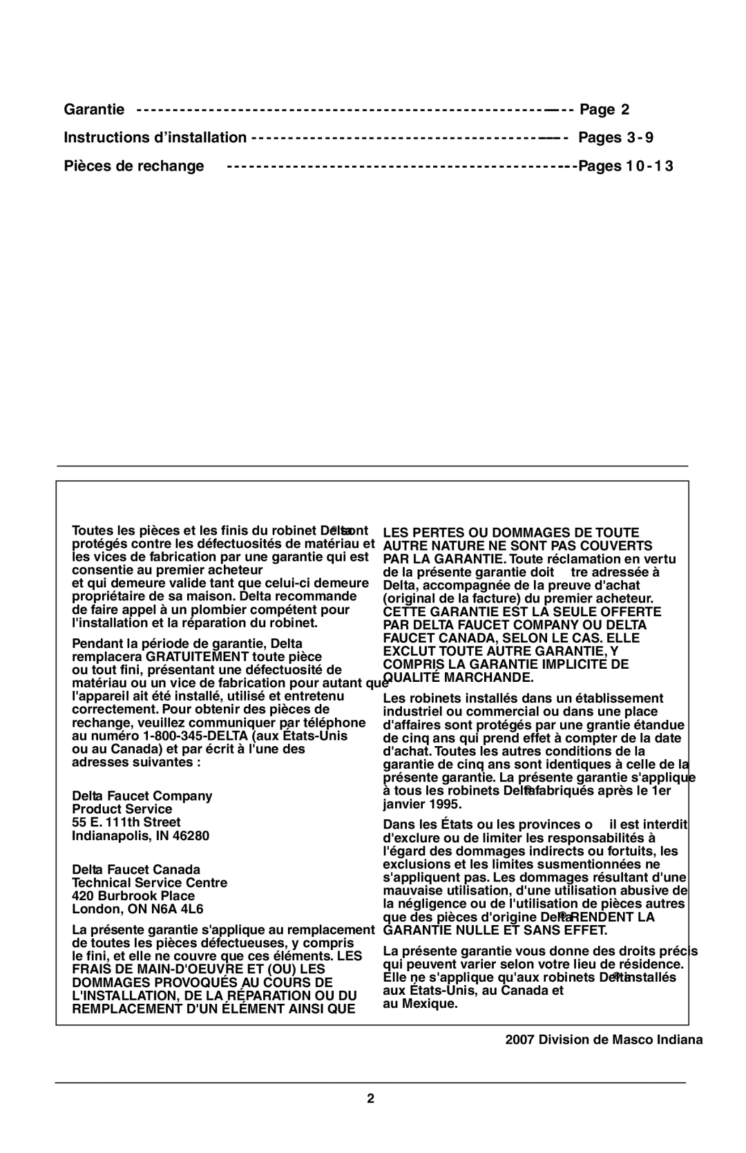 Delta R18224, R18448 instruction sheet Table DES Matières 