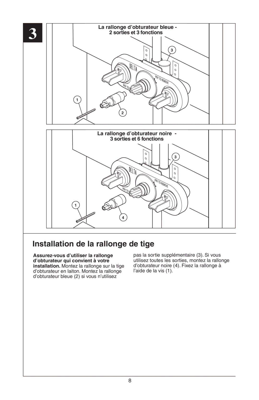 Delta R18224, R18448 instruction sheet Installation de la rallonge de tige 