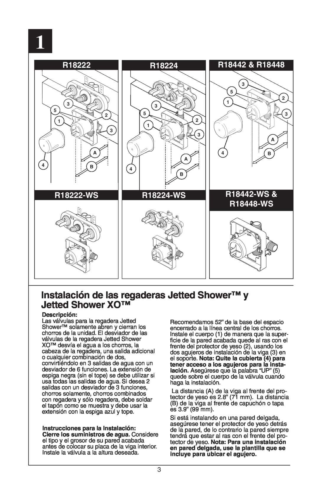 Delta Instalación de las regaderas Jetted Shower y Jetted Shower XO, R18222-WS, R18224-WS, R18442 & R18448 