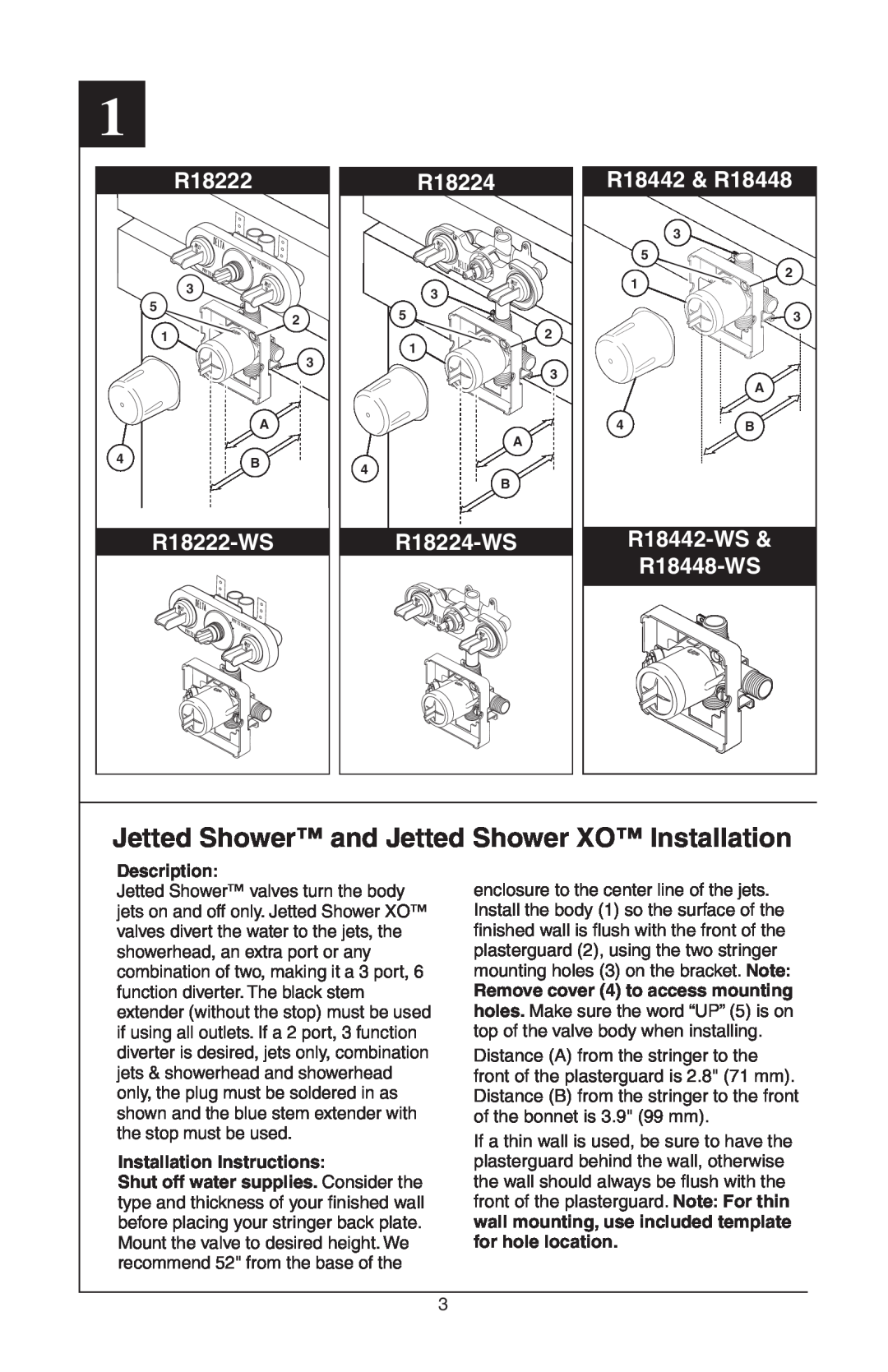 Delta Jetted Shower and Jetted Shower XO Installation, R18222-WS, R18224-WS, R18442 & R18448, Description 