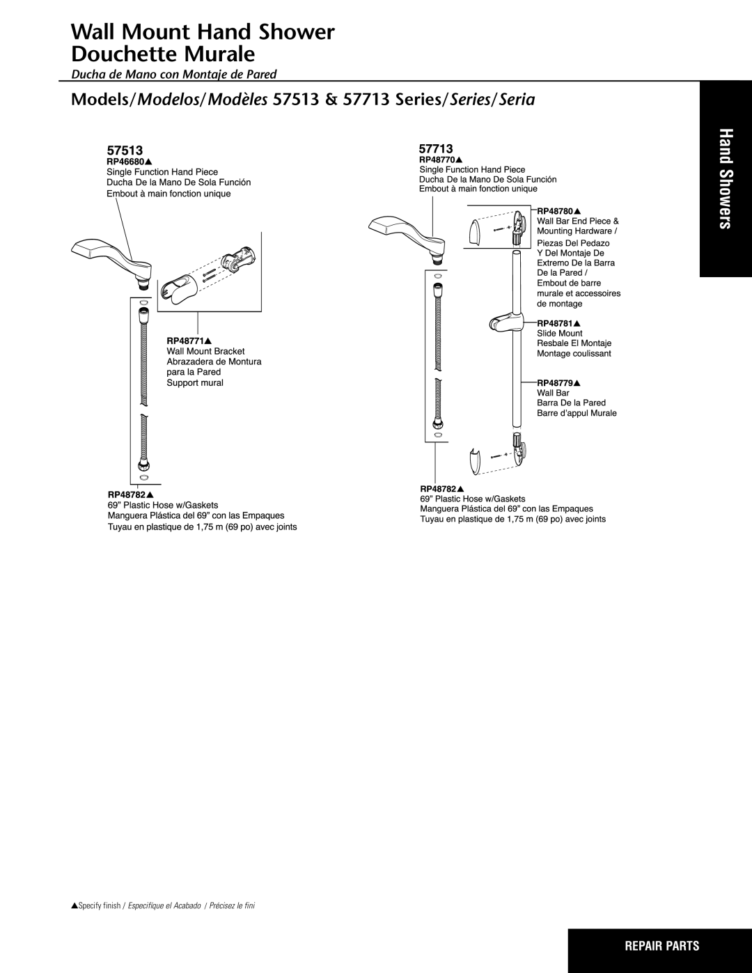 Delta RP52662, RP26148, RP24097, RP26149, RP53408, RP5861, RP52657 manual Wall Mount Hand Shower Douchette Murale, Hand Showers 