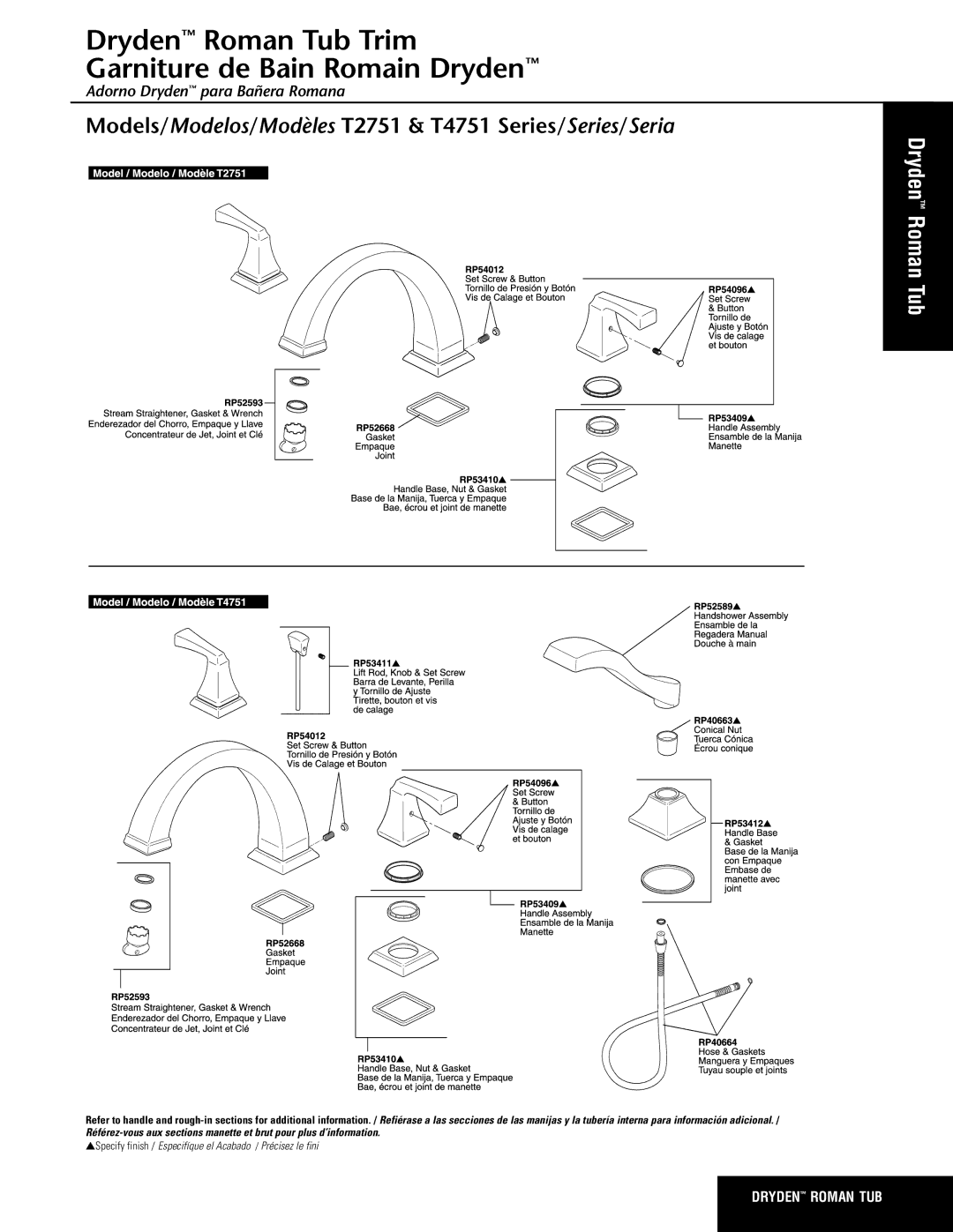 Delta RP46858, RP26148, RP24097, RP26149, RP53408, RP5861, RP52657 manual Dryden Roman Tub Trim Garniture de Bain Romain Dryden 