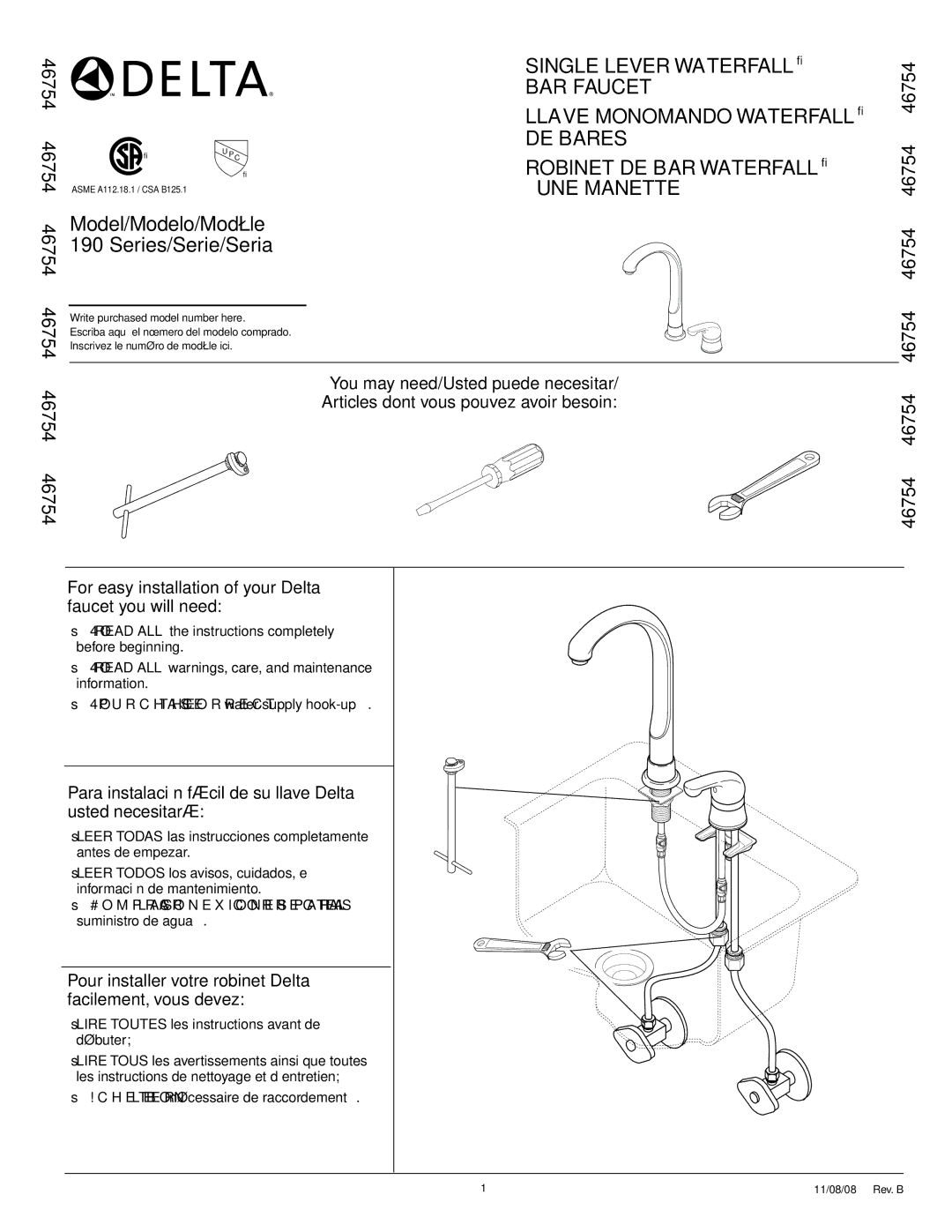 Delta RP6052, RP31833, RP21469, RP13938, RP61 manual 46754 46754 46754 46754 46754, Acheter le bon nécessaire de raccordement 