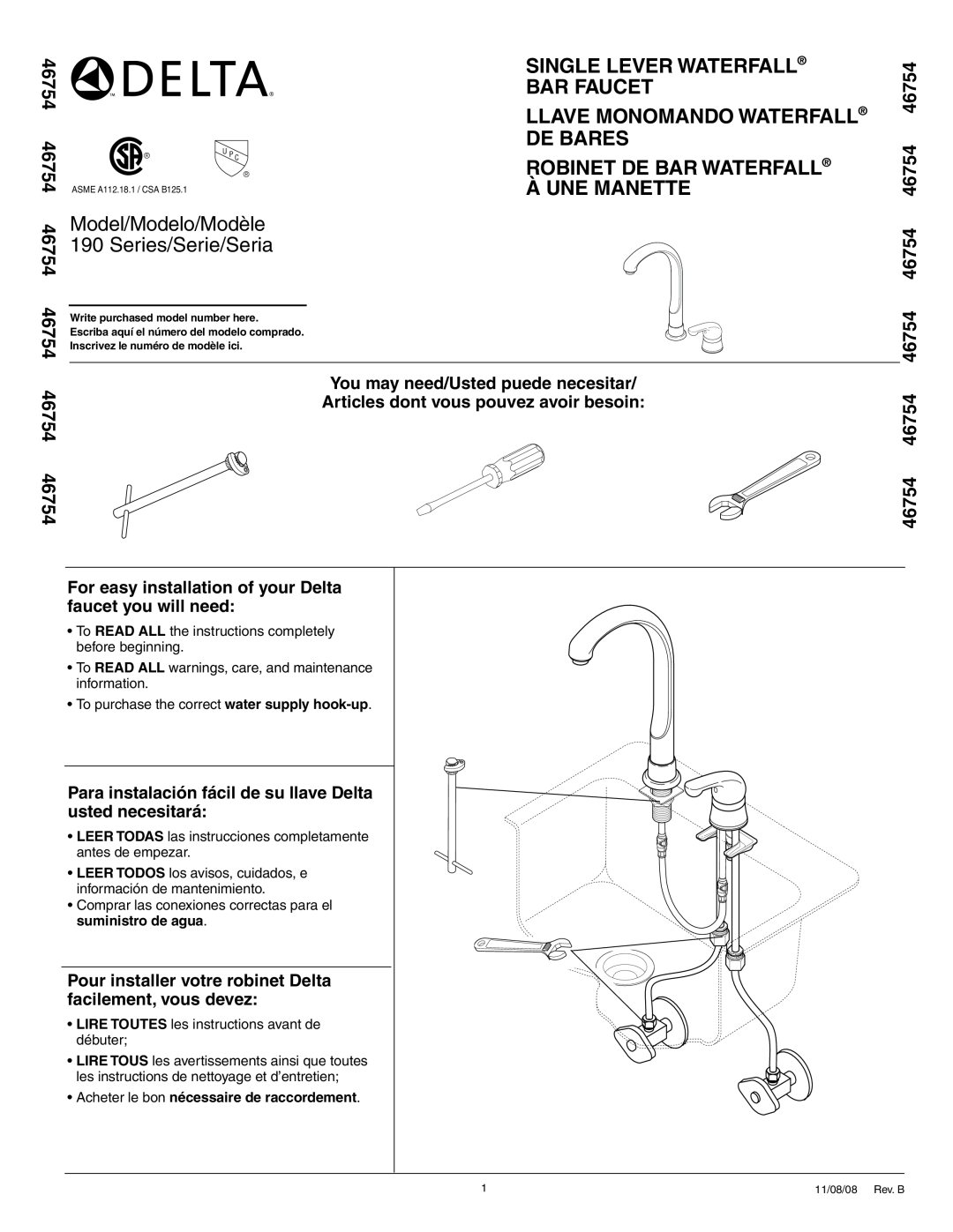 Delta RP6052 46754 46754 46754 46754 46754, To purchase the correct water supply hook-up, Single Lever Waterfall, De Bares 