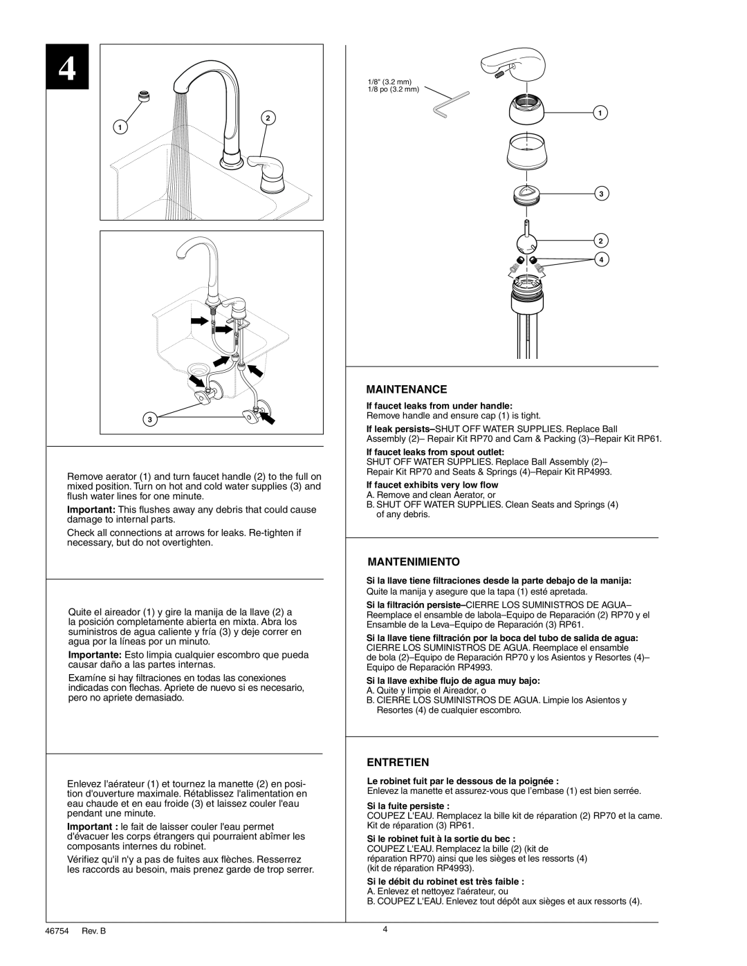 Delta RP31834 Maintenance, Mantenimiento, Entretien, If faucet leaks from spout outlet, If faucet exhibits very low flow 