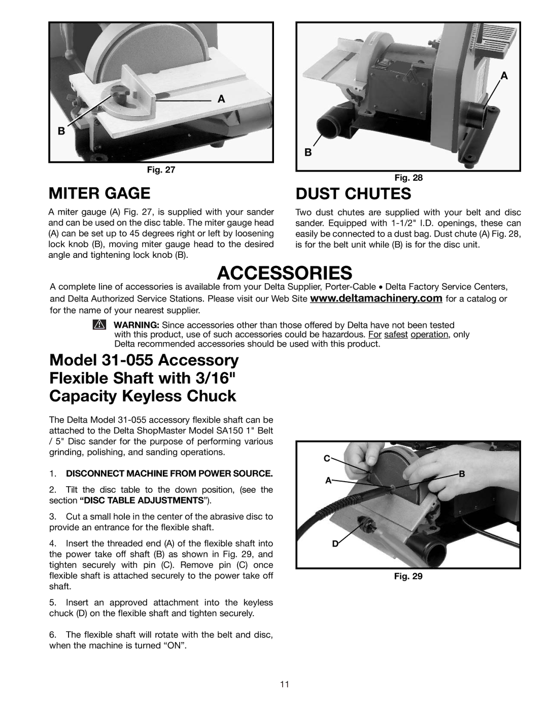 Delta SA150 instruction manual Accessories, Miter Gage, Dust Chutes 