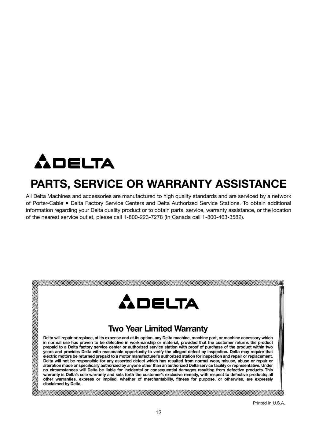 Delta SA150 instruction manual PARTS, Service or Warranty Assistance, Two Year Limited Warranty 