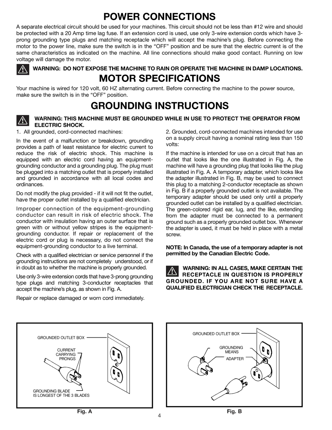 Delta SA150 instruction manual Power Connections, Motor Specifications, Grounding Instructions 