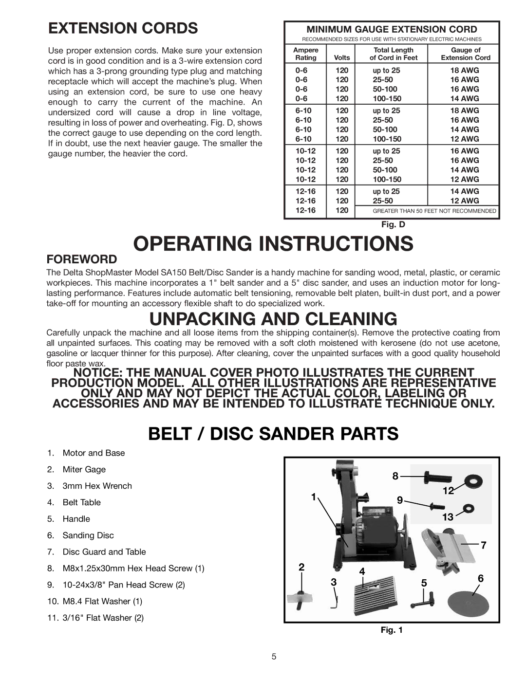 Delta SA150 instruction manual Unpacking and Cleaning, Belt / Disc Sander Parts 