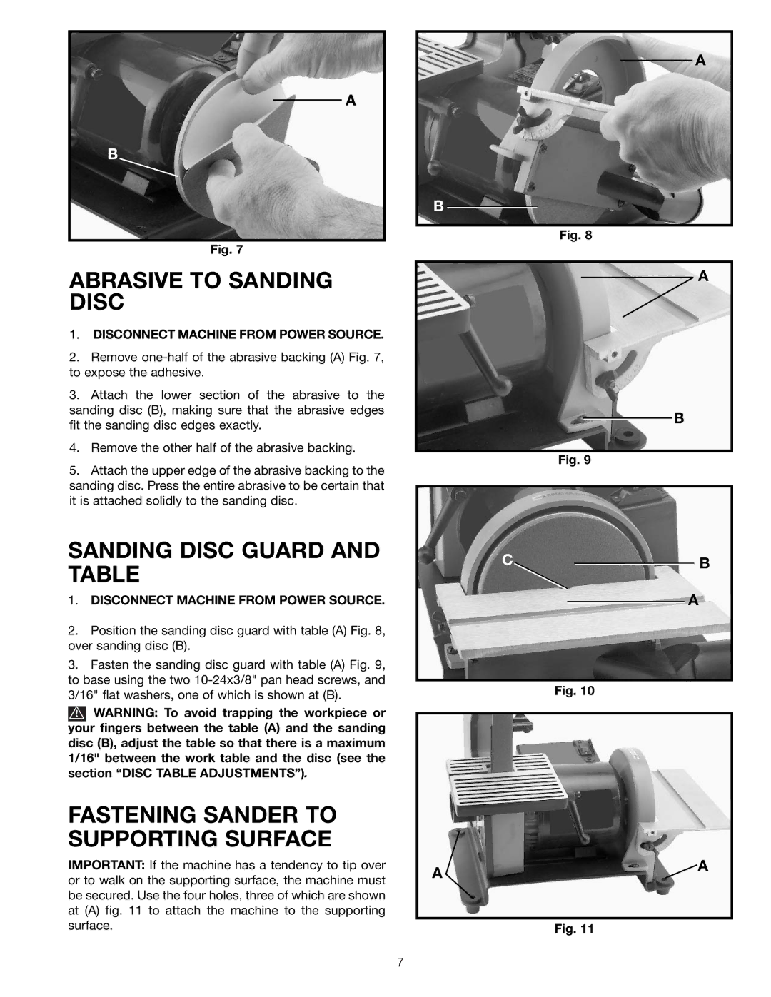 Delta SA150 Abrasive to Sanding Disc, Sanding Disc Guard and Table, Fastening Sander to Supporting Surface 