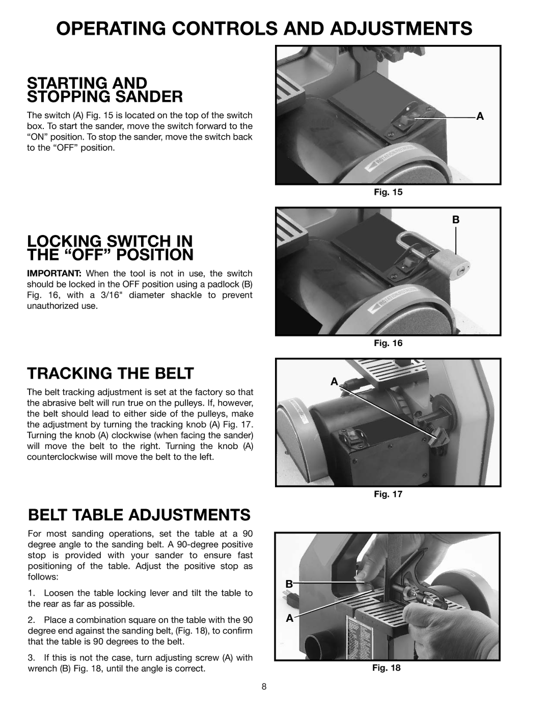 Delta SA150 Operating Controls and Adjustments, Starting Stopping Sander, Locking Switch OFF Position, Tracking the Belt 