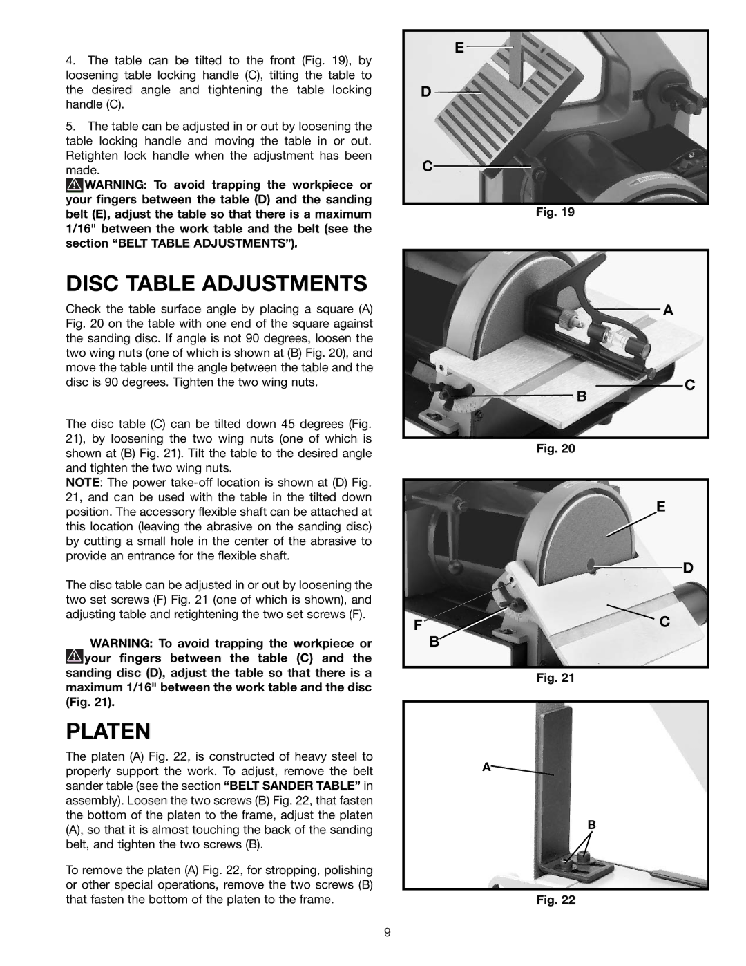 Delta SA150 instruction manual Disc Table Adjustments, Platen 