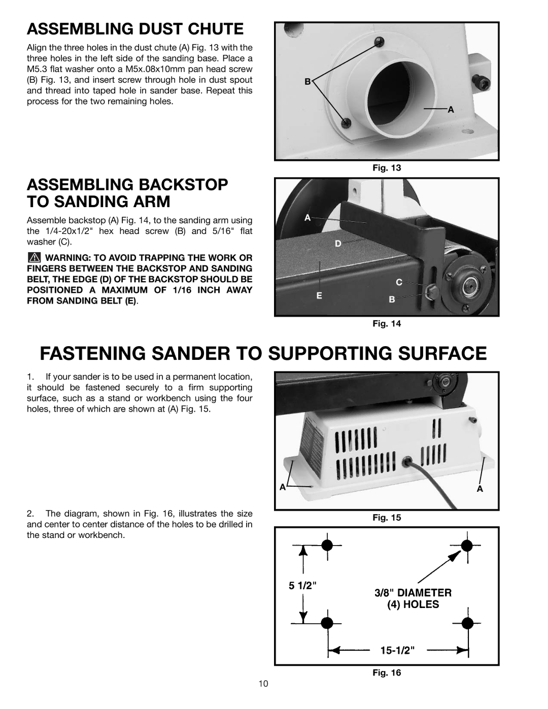 Delta SA446 Fastening Sander to Supporting Surface, Assembling Dust Chute, Assembling Backstop to Sanding ARM 